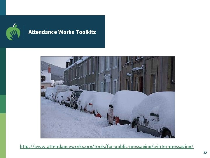 Attendance Works Toolkits http: //www. attendanceworks. org/tools/for-public-messaging/winter-messaging/ 32 