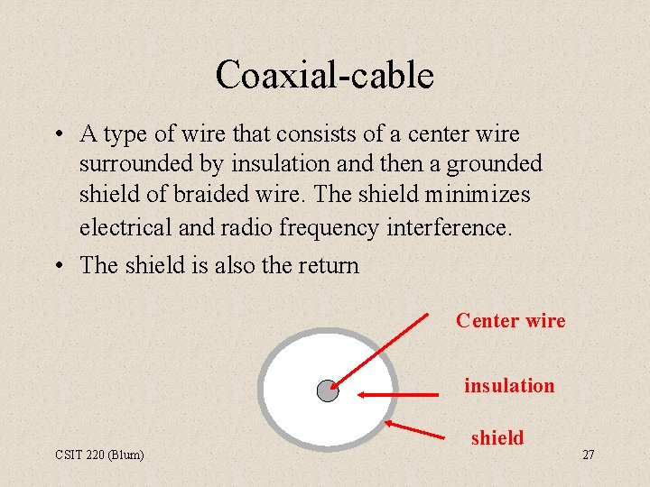 Coaxial-cable • A type of wire that consists of a center wire surrounded by