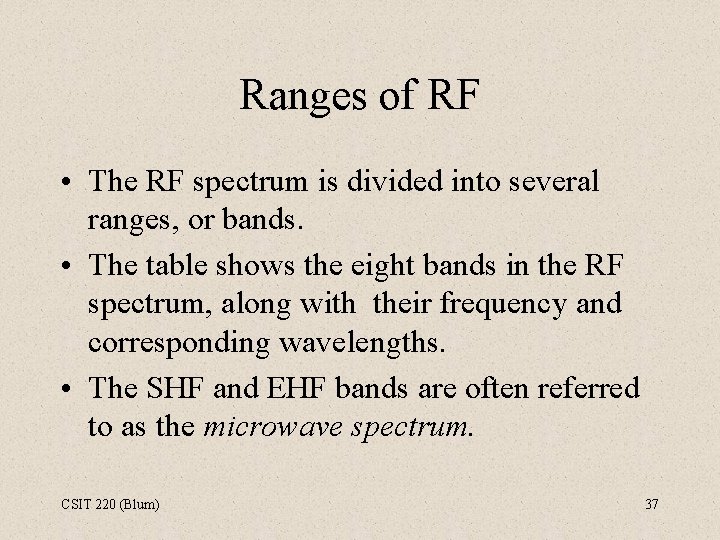 Ranges of RF • The RF spectrum is divided into several ranges, or bands.