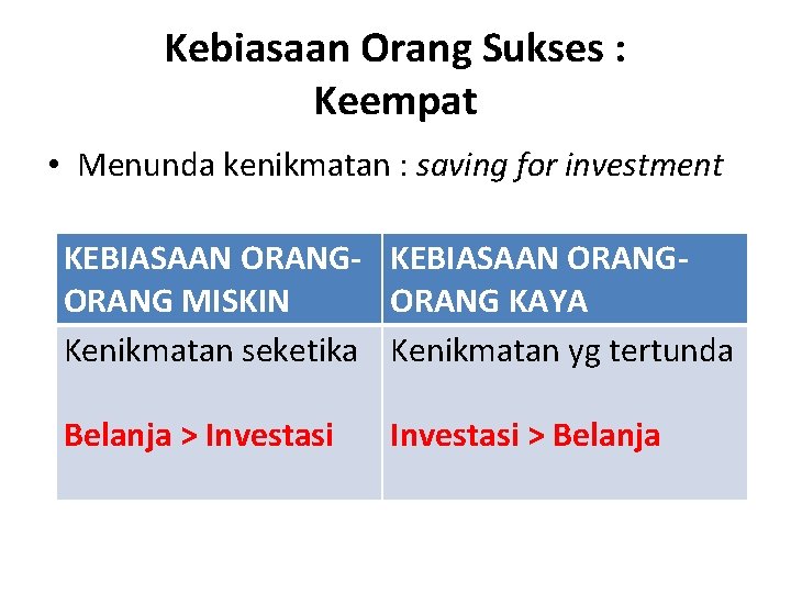 Kebiasaan Orang Sukses : Keempat • Menunda kenikmatan : saving for investment KEBIASAAN ORANG-