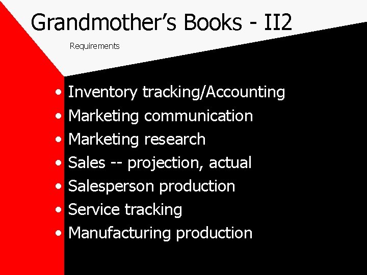 Grandmother’s Books - II 2 Requirements • • Inventory tracking/Accounting Marketing communication Marketing research