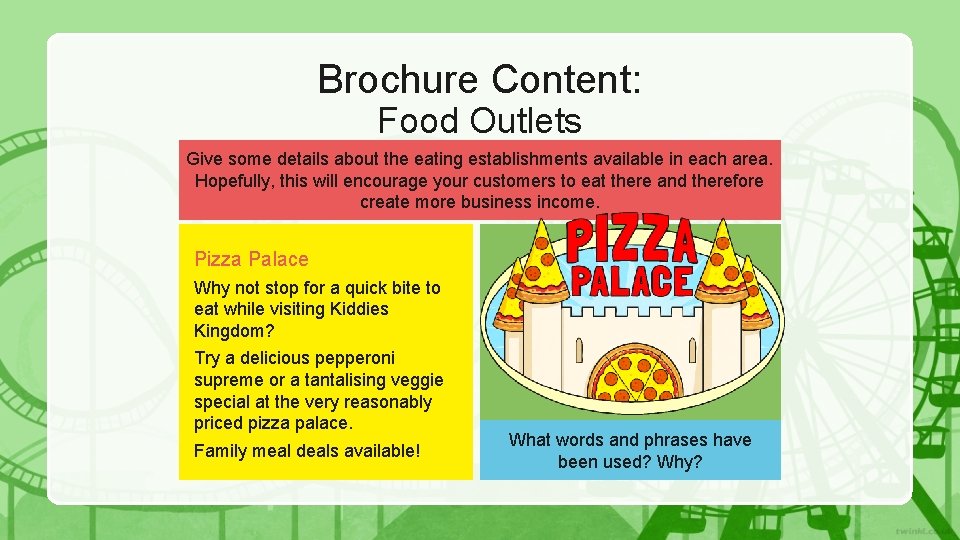 Brochure Content: Food Outlets Give some details about the eating establishments available in each