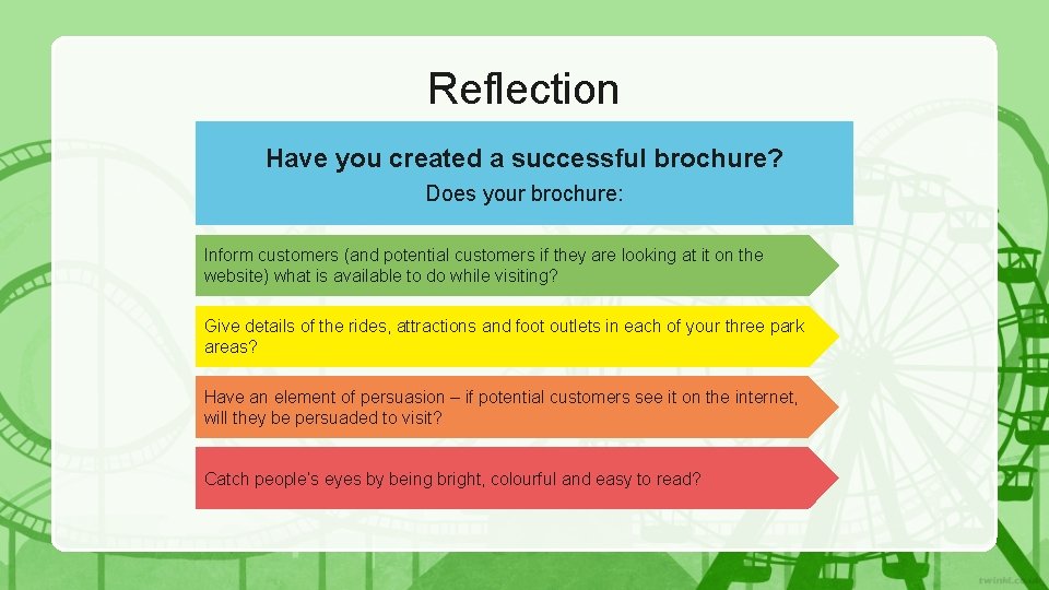 Reflection Have you created a successful brochure? Does your brochure: Inform customers (and potential