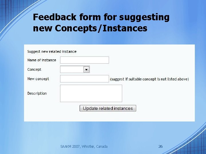 Feedback form for suggesting new Concepts/Instances SAAKM 2007, Whistler, Canada 26 