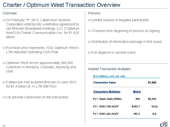 Charter / Optimum West Transaction Overview Process On February 7 th, 2013, Cablevision Systems