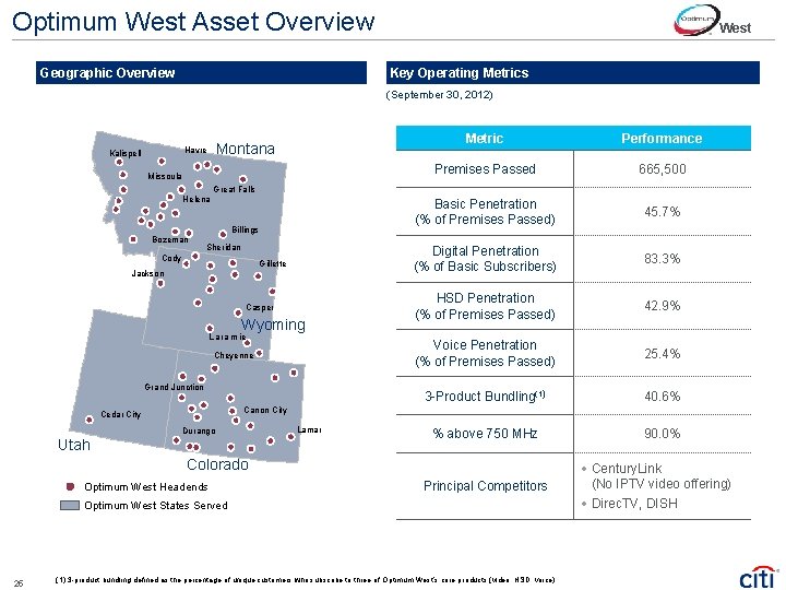 Optimum West Asset Overview Geographic Overview West Key Operating Metrics (September 30, 2012) Montana