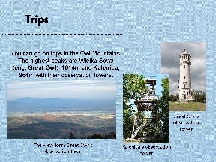 Trips ↝↝↝↝↝↝↝↝↝↝↝↝↝↝↝↝↝↝↝↝↝↝↝ You can go on trips in the Owl Mountains. The highest peaks