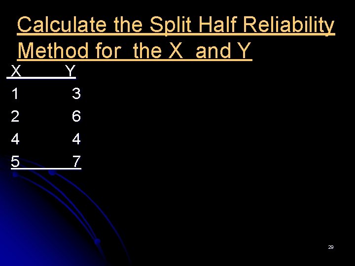 Calculate the Split Half Reliability Method for the X and Y X 1 2