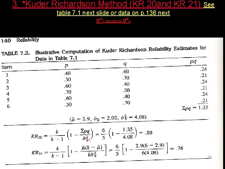 3. *Kuder Richardson Method (KR 20 and KR 21) See table 7. 1 next