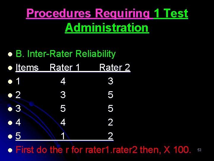 Procedures Requiring 1 Test Administration B. Inter-Rater Reliability l Items Rater 1 Rater 2