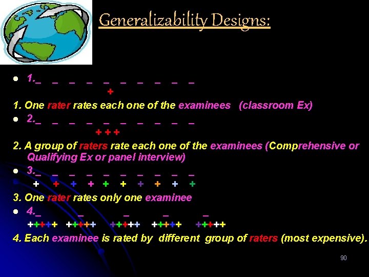 Generalizability Designs: _ _ _ + 1. One rater rates each one of the