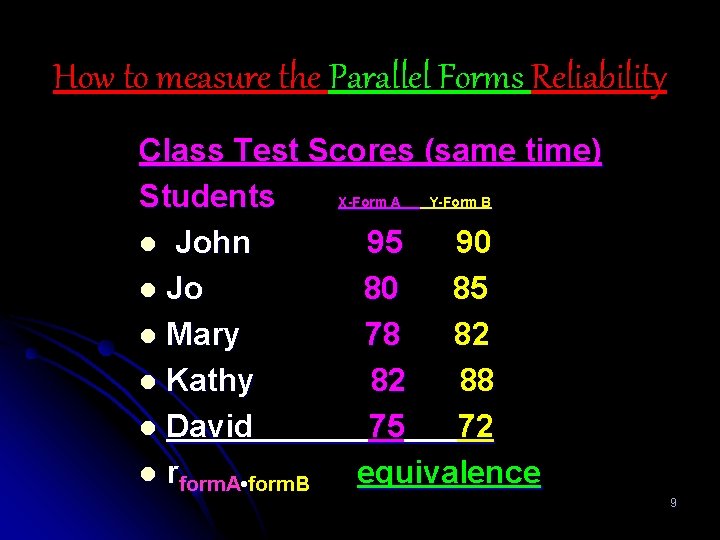 How to measure the Parallel Forms Reliability Class Test Scores (same time) Students X-Form