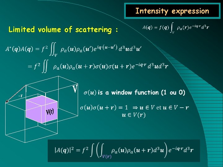 Intensity expression Limited volume of scattering : -r 