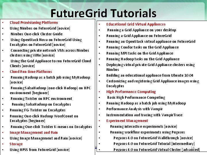  • • • • • Future. Grid Tutorials Cloud Provisioning Platforms • Educational