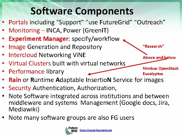 Software Components Portals including “Support” “use Future. Grid” “Outreach” Monitoring – INCA, Power (Green.