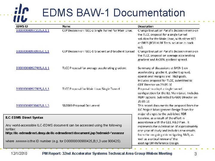 EDMS BAW-1 Documentation ILC-EDMS Direct Syntax Any world-accessible ILC-EDMS document can be accessed using