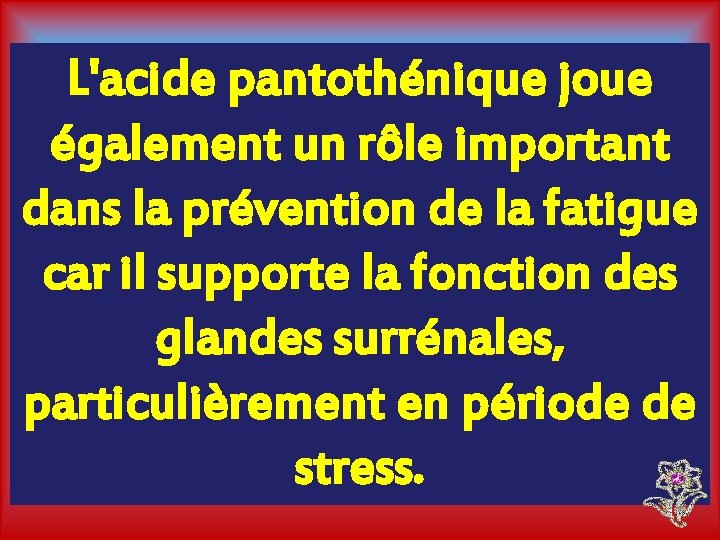 L'acide pantothénique joue également un rôle important dans la prévention de la fatigue car