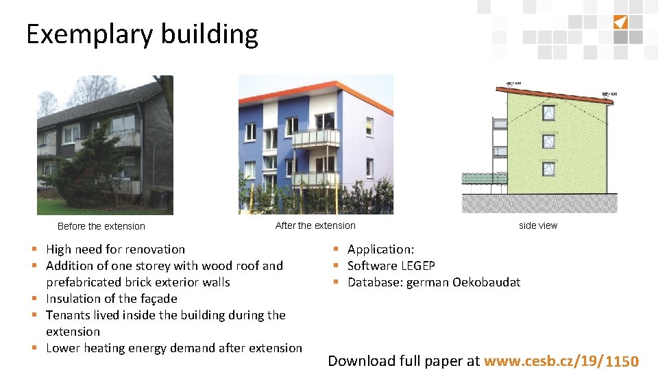 Exemplary building Before the extension After the extension High need for renovation Addition of
