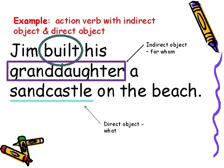 Example: action verb with indirect object & direct object Jim built his granddaughter a
