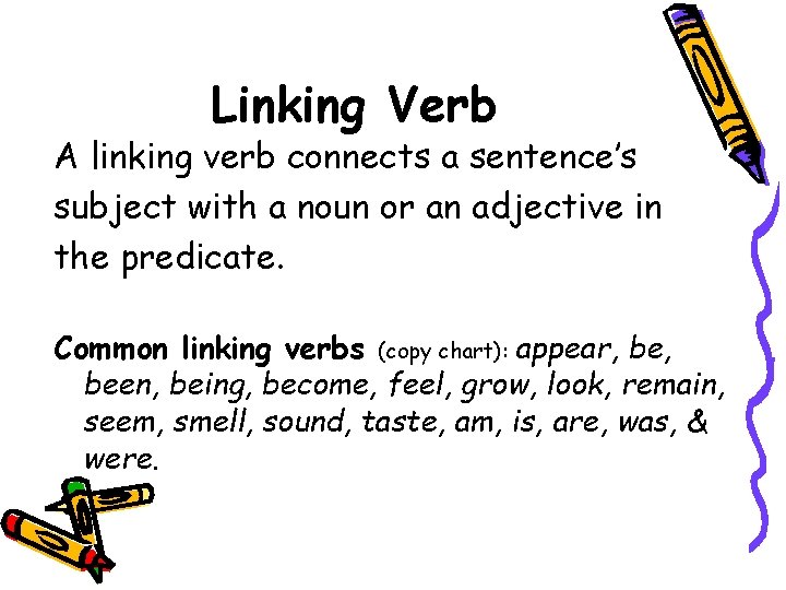 Linking Verb A linking verb connects a sentence’s subject with a noun or an