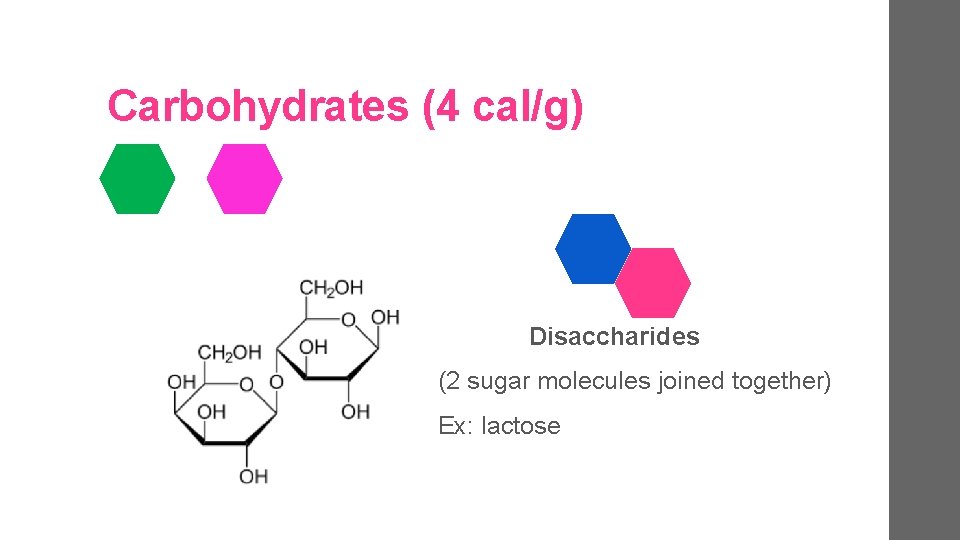 Carbohydrates (4 cal/g) Disaccharides (2 sugar molecules joined together) Ex: lactose 