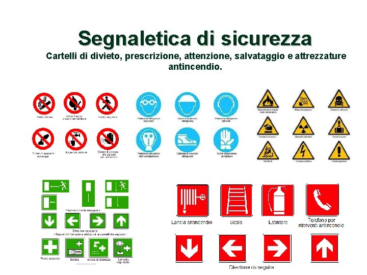 Segnaletica di sicurezza Cartelli di divieto, prescrizione, attenzione, salvataggio e attrezzature antincendio. 18 