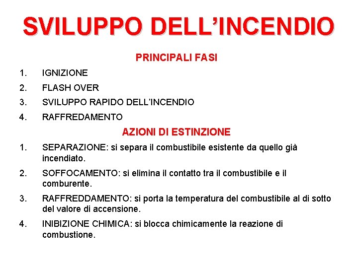 SVILUPPO DELL’INCENDIO PRINCIPALI FASI 1. IGNIZIONE 2. FLASH OVER 3. SVILUPPO RAPIDO DELL’INCENDIO 4.