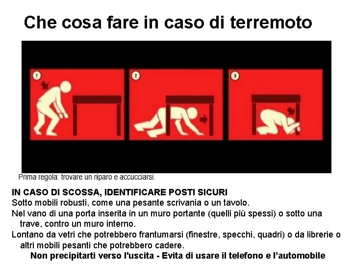 Che cosa fare in caso di terremoto IN CASO DI SCOSSA, IDENTIFICARE POSTI SICURI