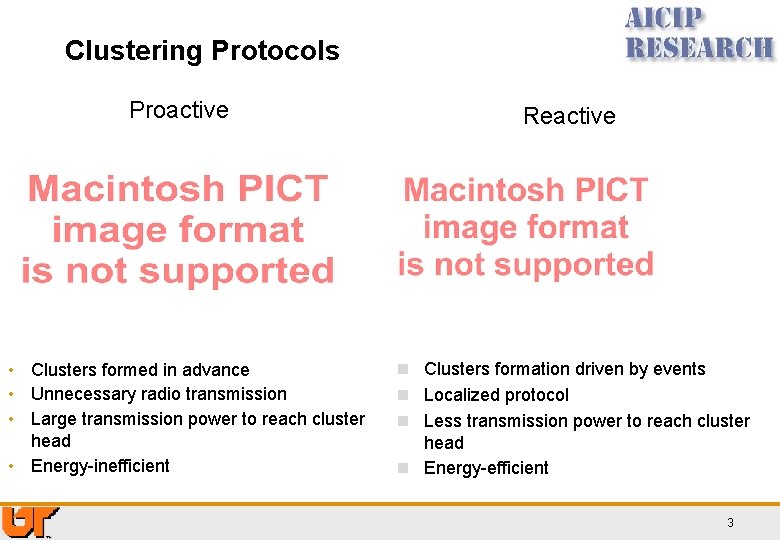 Clustering Protocols Proactive Clusters formed in advance Unnecessary radio transmission Large transmission power to