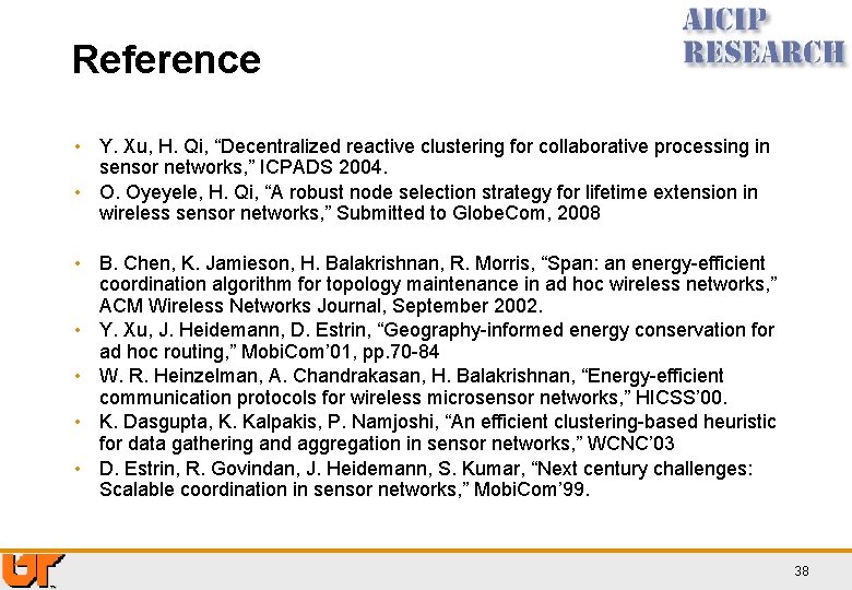 Reference • Y. Xu, H. Qi, “Decentralized reactive clustering for collaborative processing in sensor