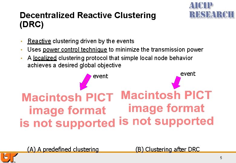 Decentralized Reactive Clustering (DRC) • Reactive clustering driven by the events • Uses power