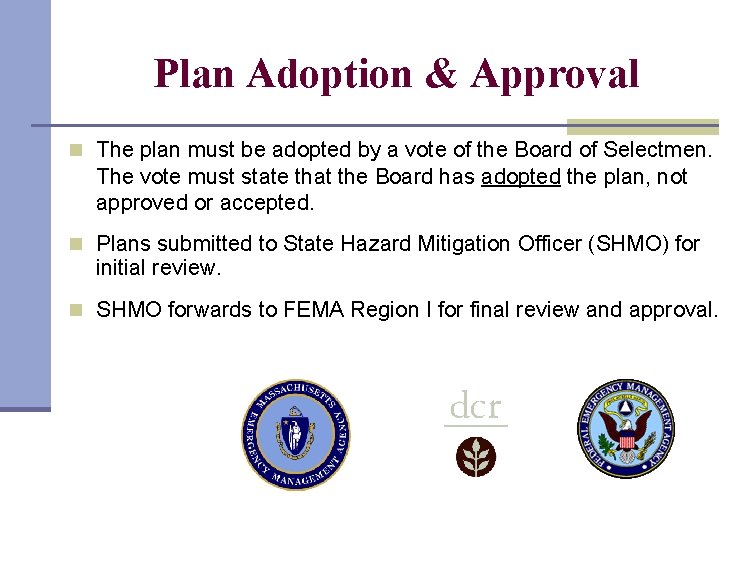 Plan Adoption & Approval n The plan must be adopted by a vote of