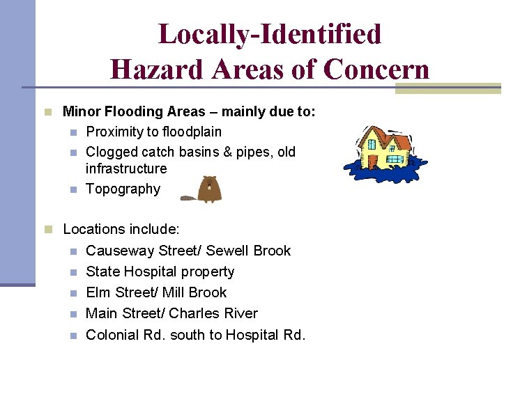 Locally-Identified Hazard Areas of Concern n Minor Flooding Areas – mainly due to: n