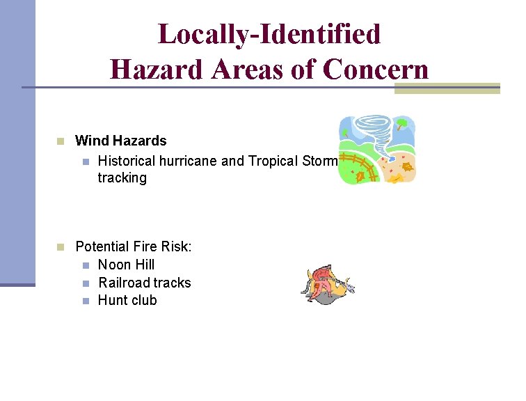 Locally-Identified Hazard Areas of Concern n Wind Hazards n Historical hurricane and Tropical Storm