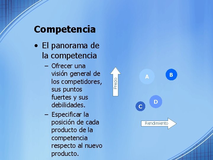 Competencia • El panorama de la competencia B A Precio – Ofrecer una visión