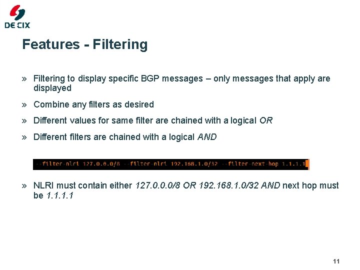 Features - Filtering » Filtering to display specific BGP messages – only messages that