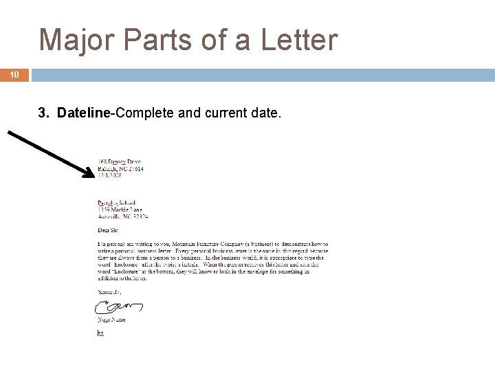 Major Parts of a Letter 10 3. Dateline-Complete and current date. 