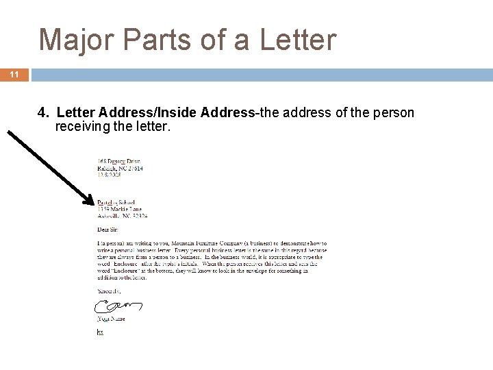 Major Parts of a Letter 11 4. Letter Address/Inside Address-the address of the person