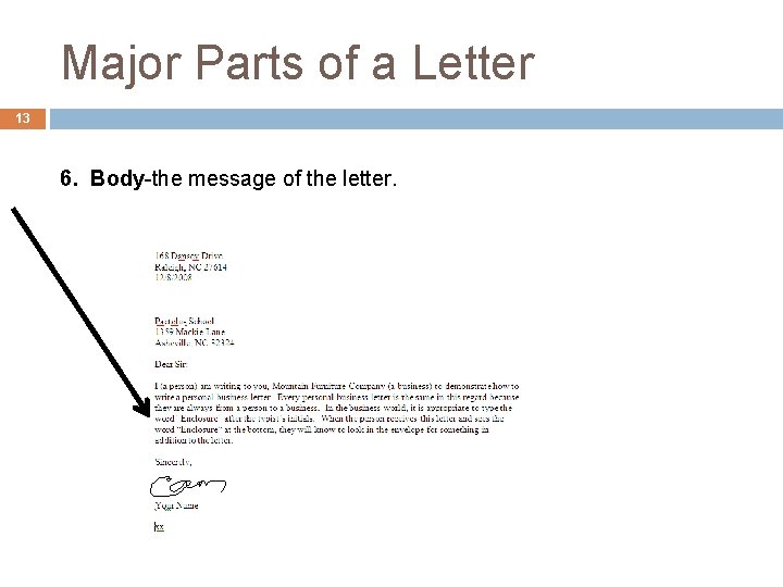 Major Parts of a Letter 13 6. Body-the message of the letter. 