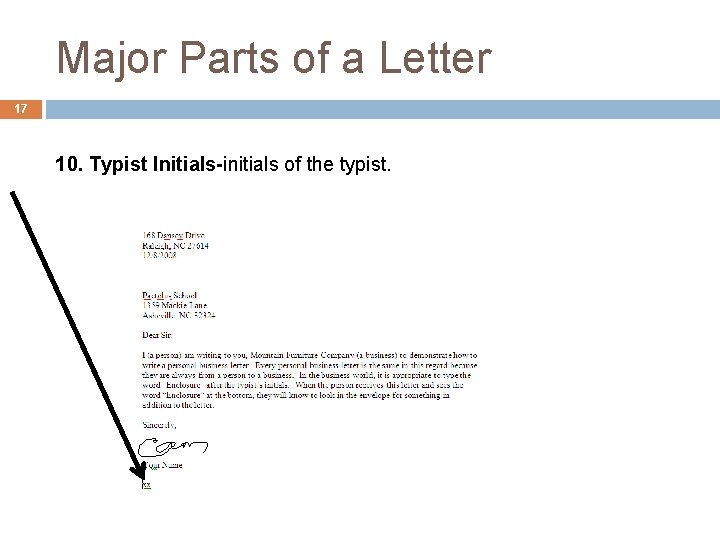 Major Parts of a Letter 17 10. Typist Initials-initials of the typist. 