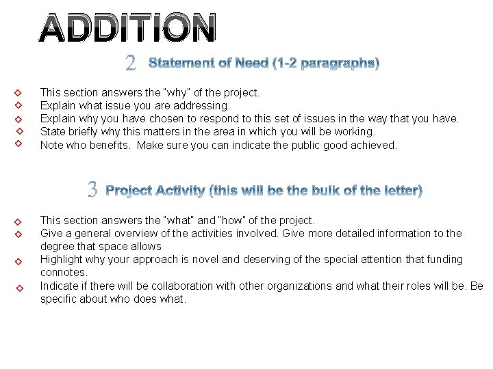 ADDITION This section answers the “why” of the project. Explain what issue you are