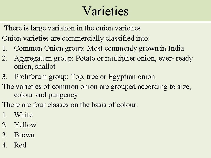 Varieties There is large variation in the onion varieties Onion varieties are commercially classified