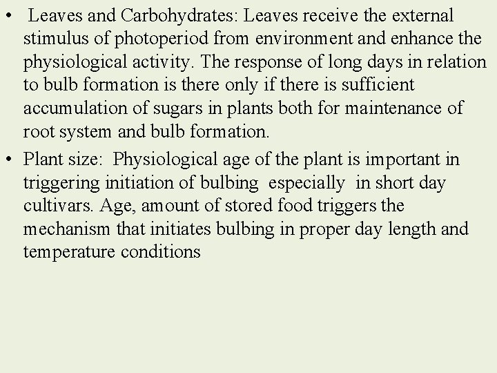  • Leaves and Carbohydrates: Leaves receive the external stimulus of photoperiod from environment