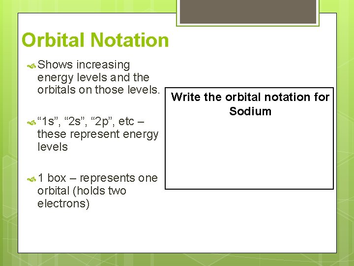 Orbital Notation Shows increasing energy levels and the orbitals on those levels. “ 1