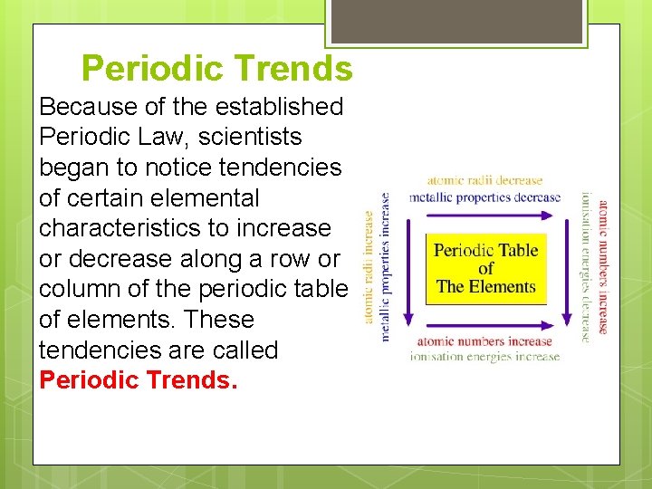 Periodic Trends Because of the established Periodic Law, scientists began to notice tendencies of