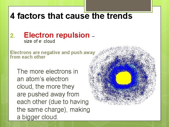 4 factors that cause the trends 2. Electron repulsion – size of e cloud