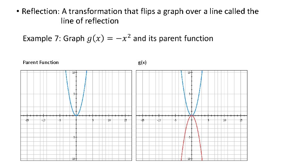 • Reflection: A transformation that flips a graph over a line called the • Reflection: A transformation that flips a graph over a line called the