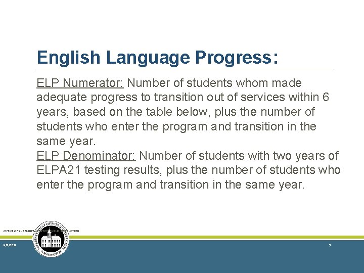English Language Progress: ELP Numerator: Number of students whom made adequate progress to transition