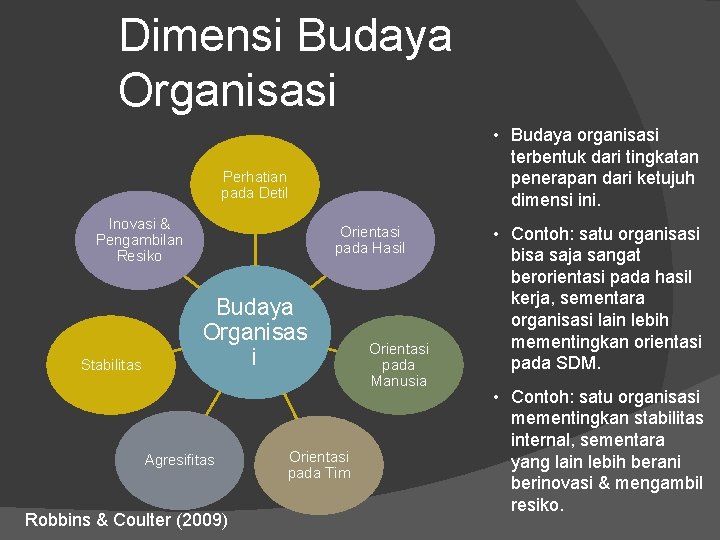 Dimensi Budaya Organisasi • Budaya organisasi terbentuk dari tingkatan penerapan dari ketujuh dimensi ini.