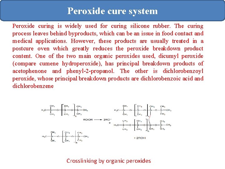 Peroxide cure system Peroxide curing is widely used for curing silicone rubber. The curing